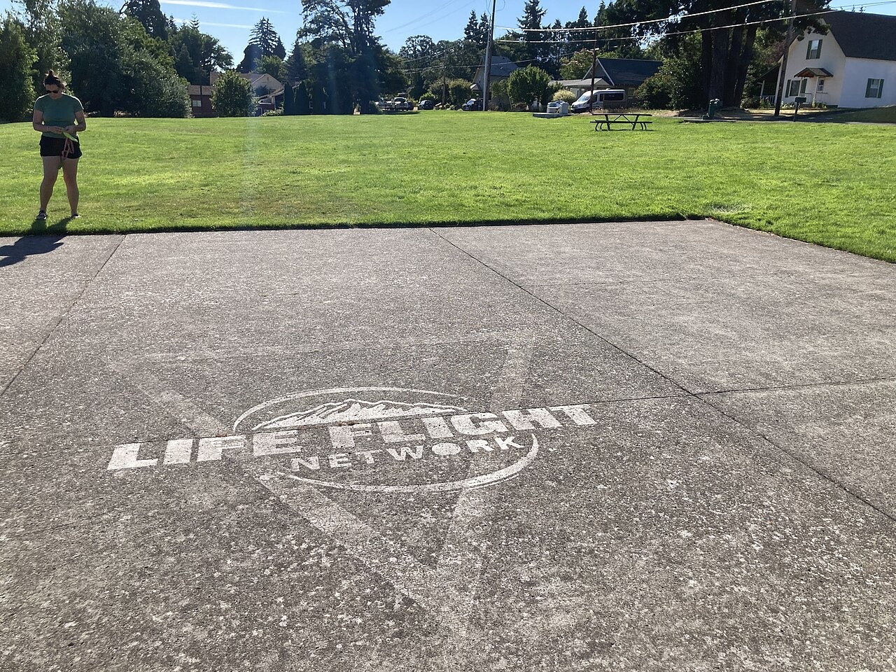File photo: A Life Flight Network helicopter landing site in Hood River, Oregon, photographed July 16, 2023. Illustrative context; not a photograph of the reported event.